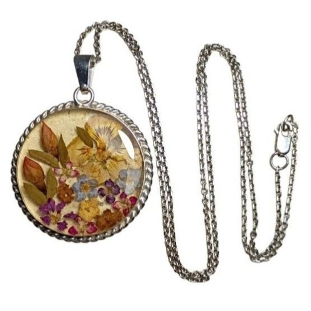 Vintage Sterling Silver Pendant Wildflowers Necklace